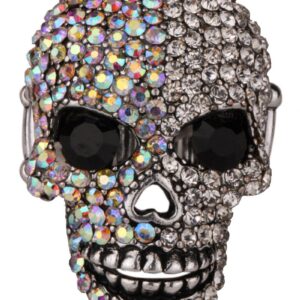 YACQ Women's Skull Stretch Rings Fit Finger Size 7 TO 9 - Moving Jaw - Lead & Nickle Free - Paved Crystals - (1-1/2 x 1) Inch - Scarf Holders - Women Girls Biker Jewelry (Silver AB)