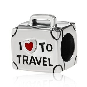 I Love To Travel Charm Solid 925 Sterling Silver Suitcase Charm with Red Enamel Heart for Pandora Bracelet