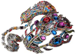 yacq women's hinged big peacock bracelet slave stretch ring set - fit wrist size 6-1/2 to 7-1/2 inch & finger 7 to 9 - lead nickle free - halloween costome outfit (multicolor)