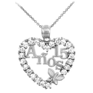 sterling silver sweet 15 anos quinceanera necklace with cubic zirconia heart with butterfly, 16"