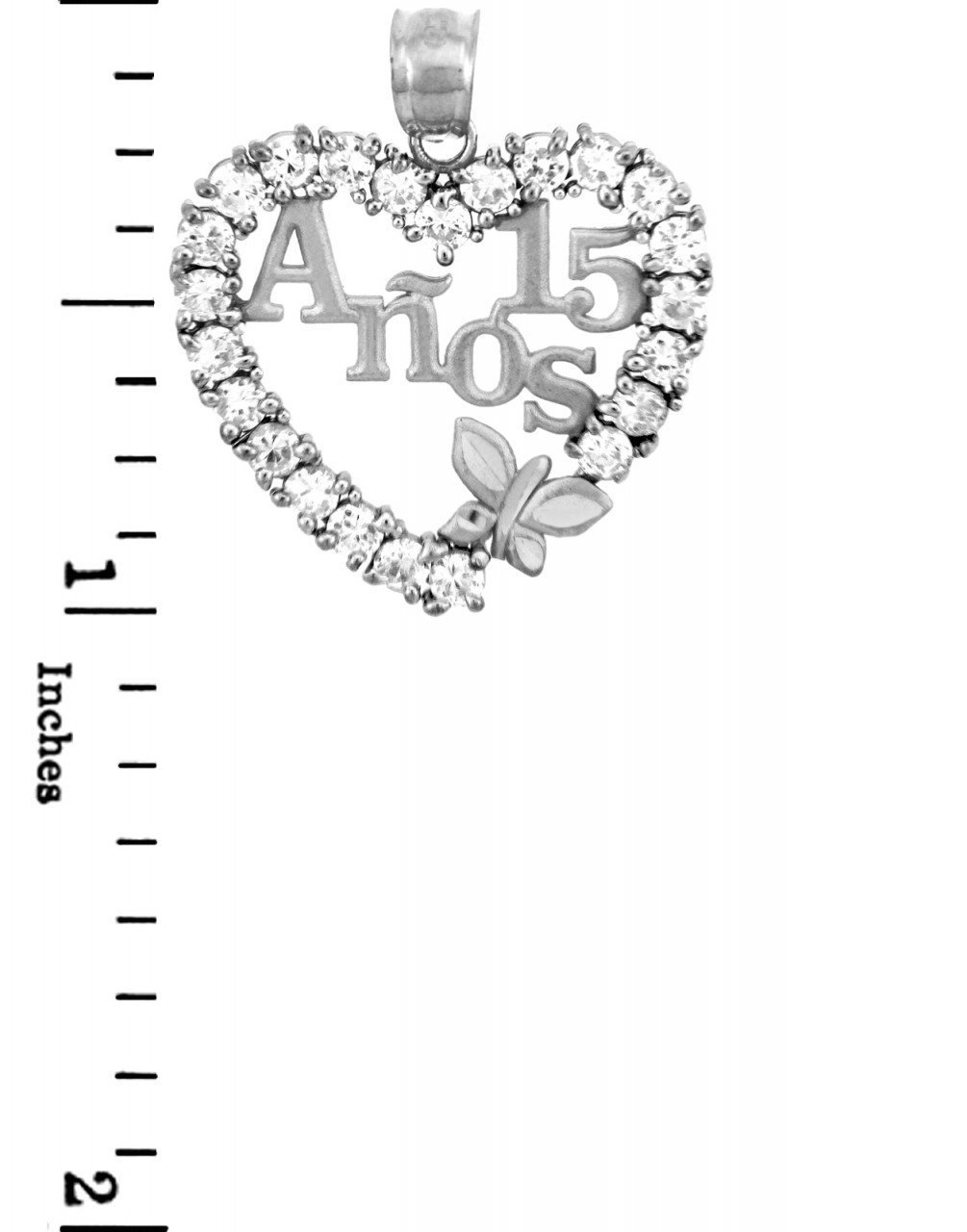 Sterling Silver Sweet 15 Anos Quinceanera Necklace with Cubic Zirconia Heart with Butterfly, 16"