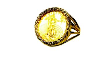 22 kt 1/10 oz lady liberty coin in 14 kt solid yellow gold ladies coin ring 19mm -random year coin