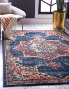 unique loom utopia collection traditional classic vintage inspired area rug with warm hues, 5' 1" x 8' rectangle, dark blue/beige