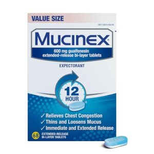 Chest Congestion, Mucinex 12 Hour Extended Release Tablets, 68ct, 600 mg Guaifenesin Relieves Chest Congestion Caused by Excess Mucus, #1 Doctor Recommended OTC Expectorant