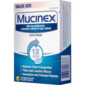 Chest Congestion, Mucinex 12 Hour Extended Release Tablets, 68ct, 600 mg Guaifenesin Relieves Chest Congestion Caused by Excess Mucus, #1 Doctor Recommended OTC Expectorant