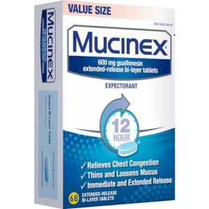 Chest Congestion, Mucinex 12 Hour Extended Release Tablets, 68ct, 600 mg Guaifenesin Relieves Chest Congestion Caused by Excess Mucus, #1 Doctor Recommended OTC Expectorant