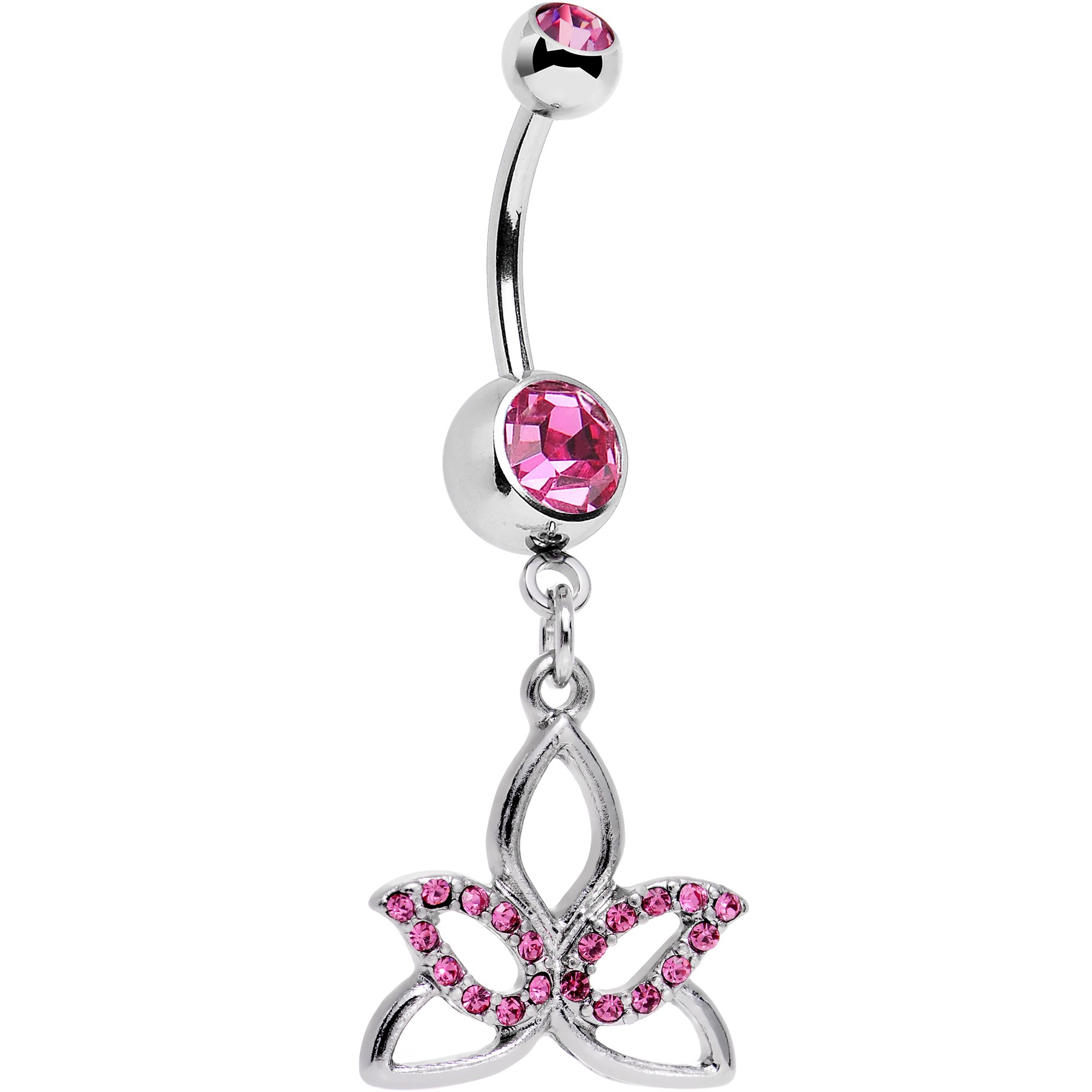 Body Candy Stainless Steel Pink Accent Live in the Light Lotus Flower Dangle Belly Ring