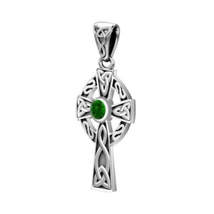 US Jewels Small 925 Sterling Silver Simulated Emerald May Birthstone Celtic Knot Cross Pendant, 23mm