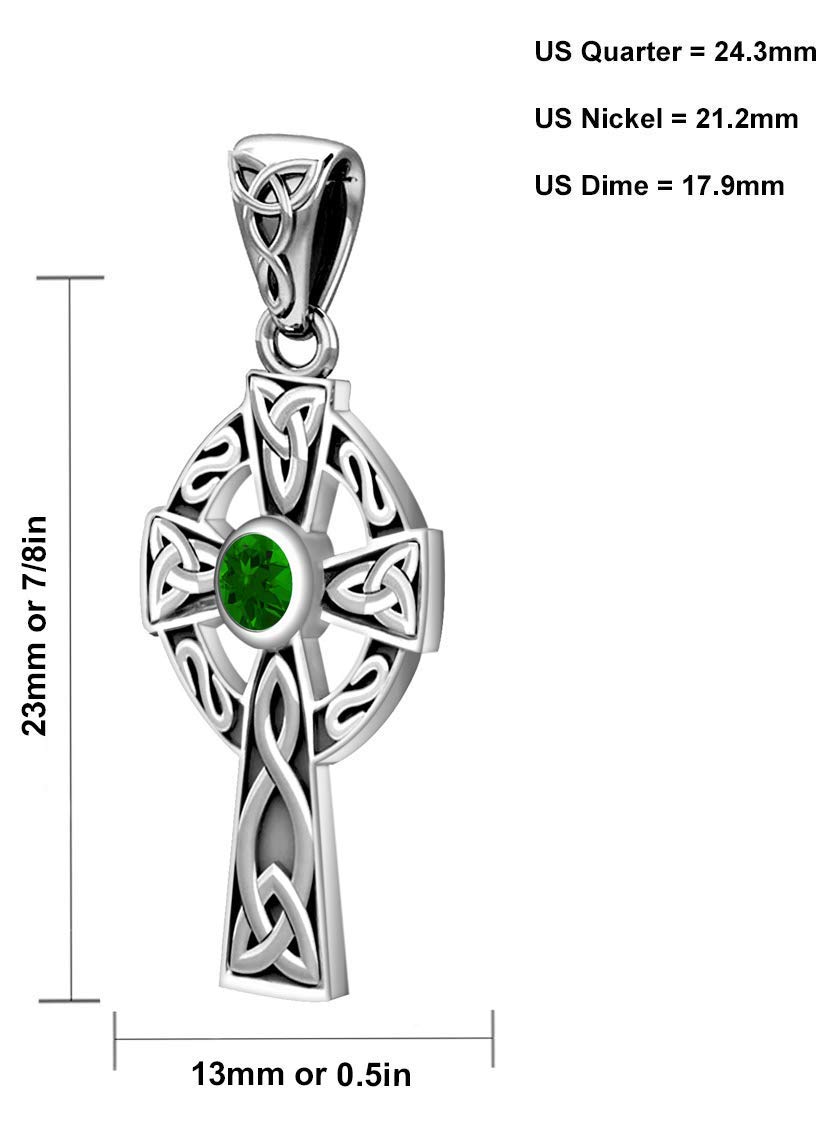 US Jewels Small 925 Sterling Silver Simulated Emerald May Birthstone Celtic Knot Cross Pendant, 23mm