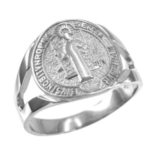 religious jewelry by lablingz 10k white gold saint benedict medallion ring (size 9)