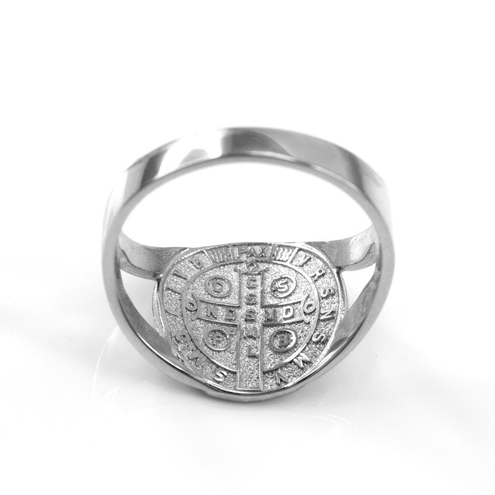 Religious Jewelry by LABLINGZ 10K White Gold Saint Benedict Medallion Ring (Size 9)