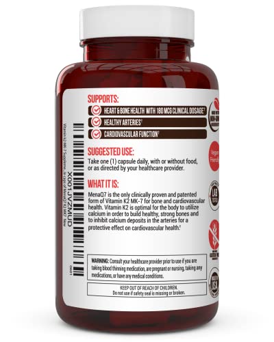 Vitamin k2 MK-7 Supplement 180mcg -Vitamin K2 Supports Bone & Heart Health for Cardiovascular Calcium Absorption from Arteries- 60 Easy to Swallow Vegetable caps of MenaQ7 K2 MK7