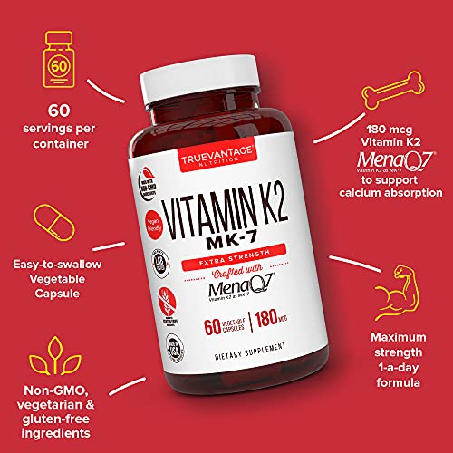 Vitamin k2 MK-7 Supplement 180mcg -Vitamin K2 Supports Bone & Heart Health for Cardiovascular Calcium Absorption from Arteries- 60 Easy to Swallow Vegetable caps of MenaQ7 K2 MK7