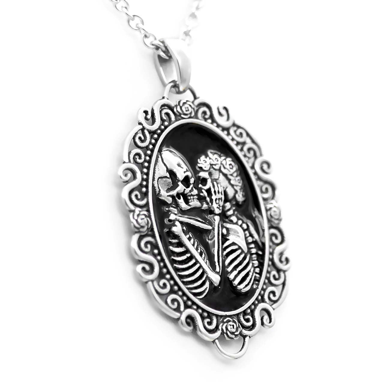 Controse Women's Silver-Toned Stainless Steel - The Eternal Lovers Skull Cameo Necklace (17" - 19" adjustable chain)