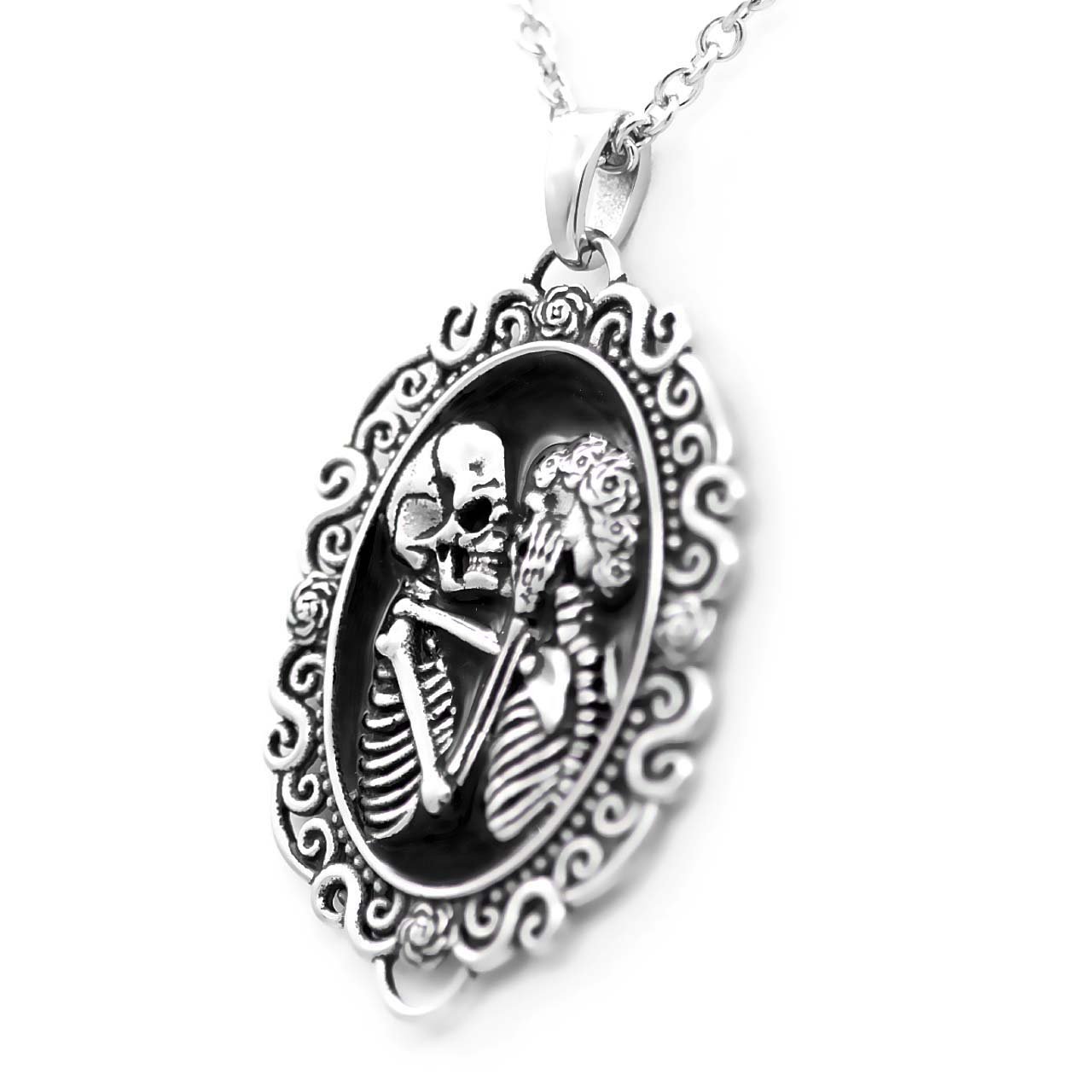 Controse Women's Silver-Toned Stainless Steel - The Eternal Lovers Skull Cameo Necklace (17" - 19" adjustable chain)