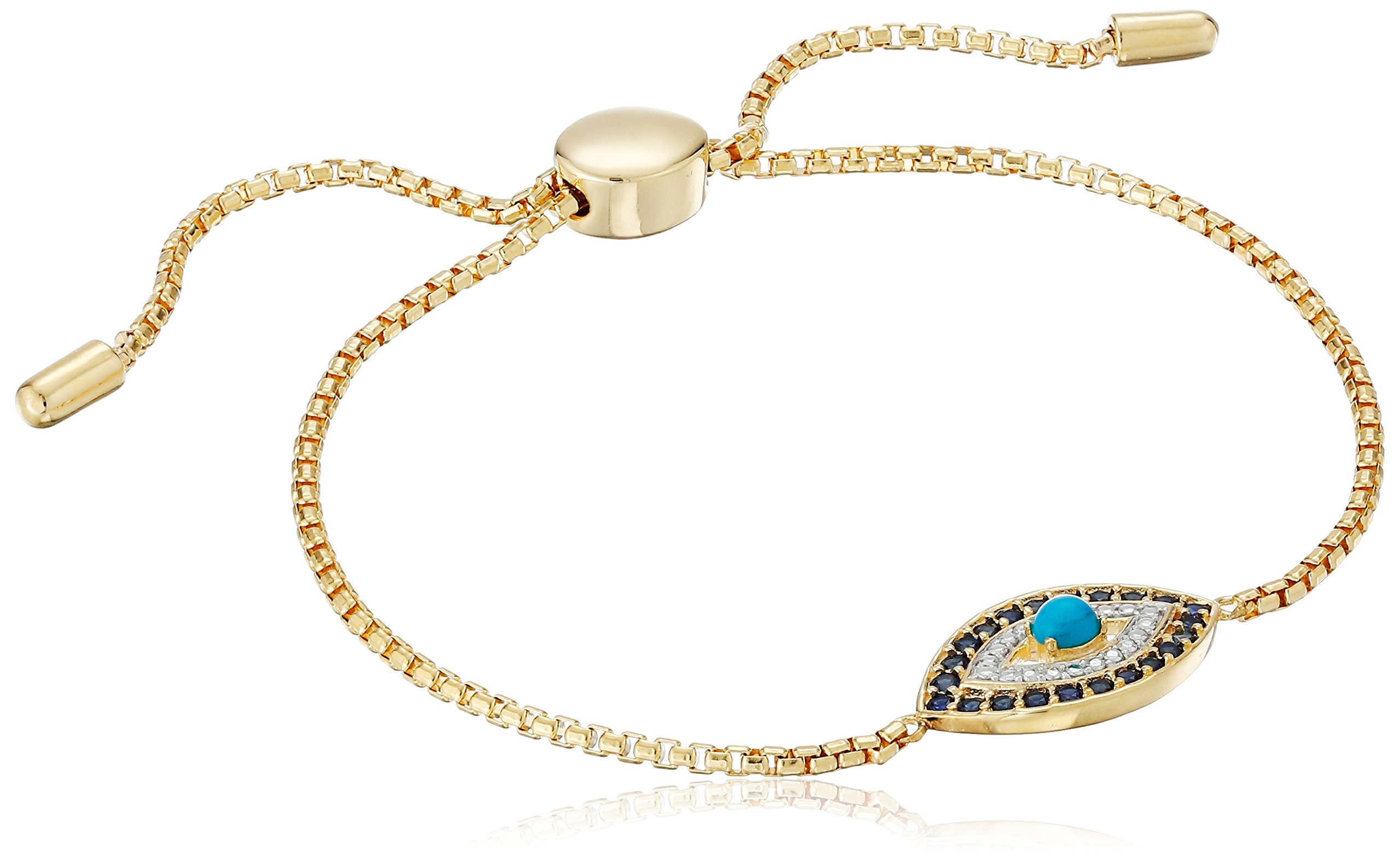 Amazon Essentials 18k Yellow Gold Plated Sterling Silver Turquoise, Created Blue Sapphire, and Diamond Accent Evil Eye Bolo Bracelet, 9', (previously Amazon Collection)