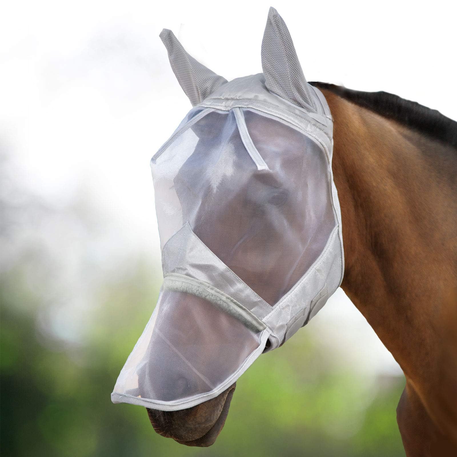 Harrison Howard CareMaster Horse Fly Mask Long Nose with Ears Full Face Moonlight Silver Medium Cob