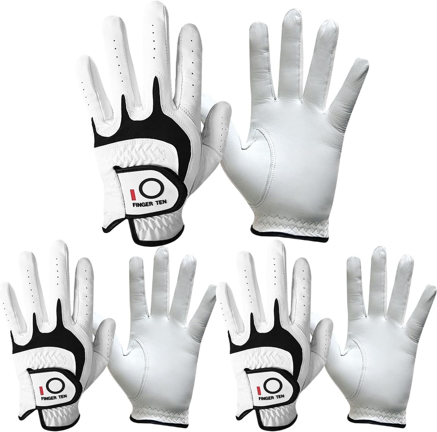 FINGER TEN Golf Gloves Men Right Left Handed Golfer 3/6 Pack Mens Golf Glove Left Right Hand Soft Cabretta Leather All Weather Grip Size S M ML L XL (White-6 Pack, X-Large, Left)