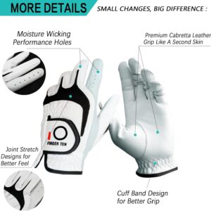 FINGER TEN Golf Gloves Men Right Left Handed Golfer 3/6 Pack Mens Golf Glove Left Right Hand Soft Cabretta Leather All Weather Grip Size S M ML L XL (White-6 Pack, X-Large, Left)