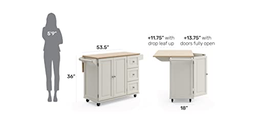 Homestyles Mobile Kitchen Island Cart with Wood Drop Leaf Breakfast Bar, Off White,Soft White, 54 Inch Width