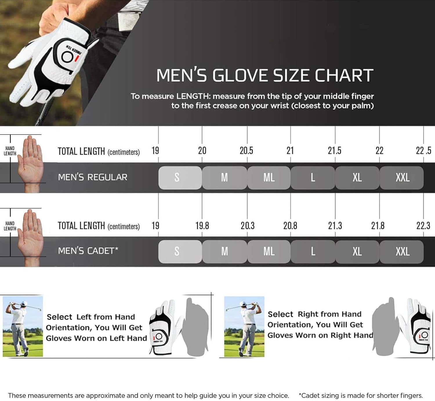 FINGER TEN Golf Gloves Men Right Left Handed Golfer 3/6 Pack Mens Golf Glove Left Right Hand Soft Cabretta Leather All Weather Grip Size S M ML L XL (White-6 Pack, X-Large, Left)