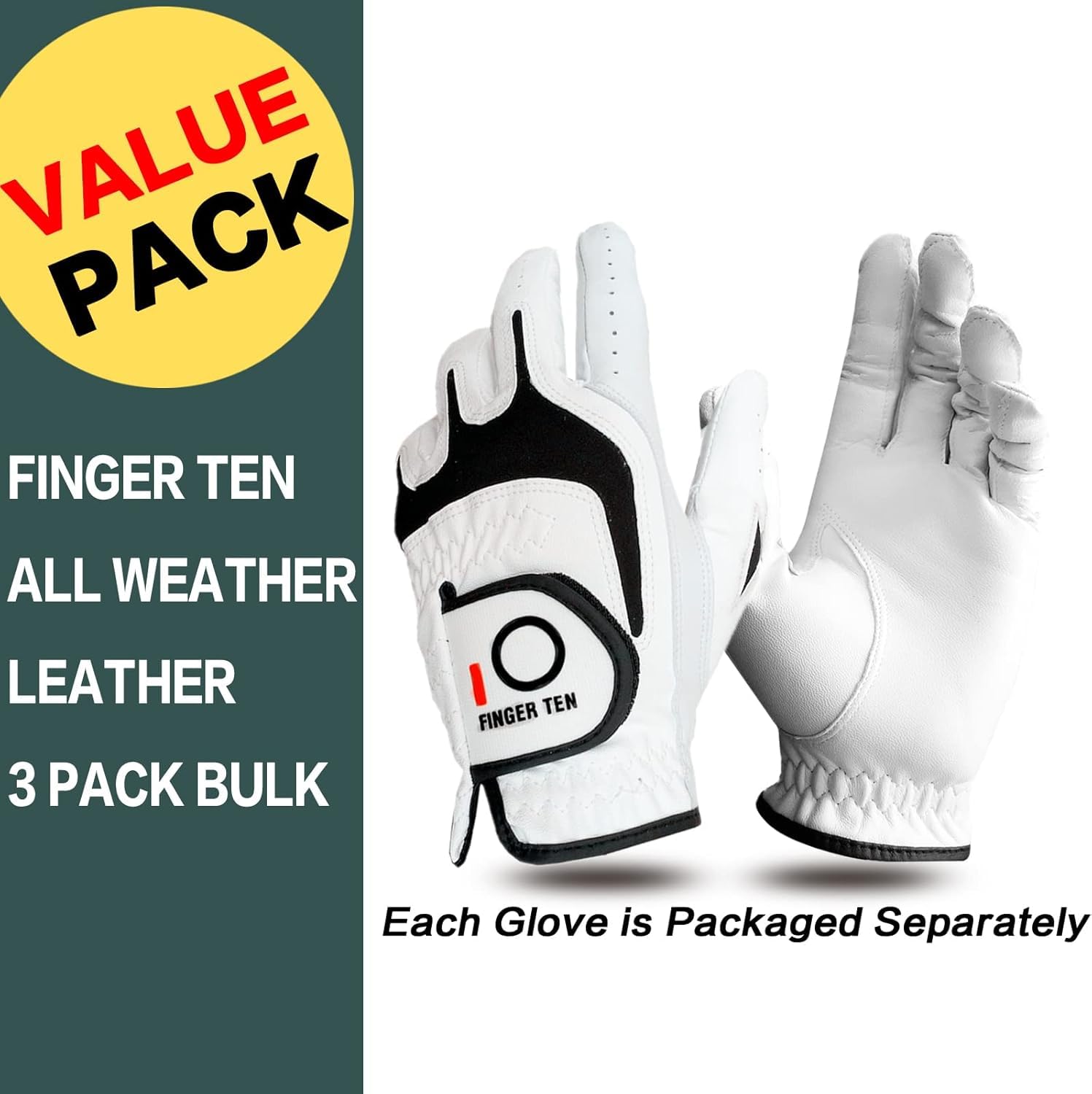 FINGER TEN Golf Gloves Men Right Left Handed Golfer 3/6 Pack Mens Golf Glove Left Right Hand Soft Cabretta Leather All Weather Grip Size S M ML L XL (White-6 Pack, X-Large, Left)