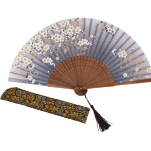 Amajiji Charming Elegant Modern Woman Handmade Bamboo Silk 8.27" (21cm) Folding Pocket Purse Hand Fan, Collapsible Transparent Holding Painted Fan with Silk Pouches/Wrapping. (CZT-06)