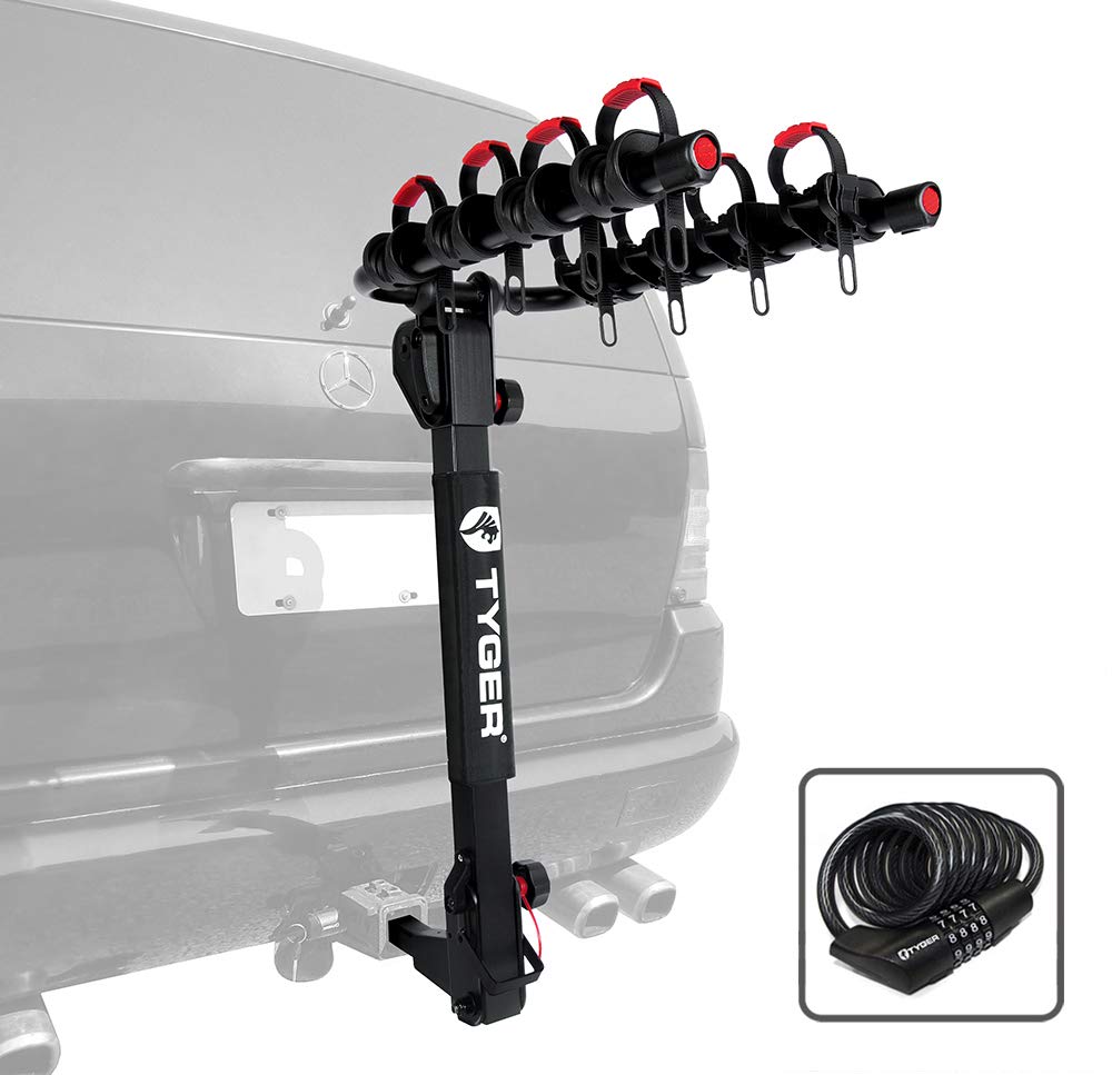 Tyger Auto TG-RK4B102B Deluxe 4-bike Carrier Rack Compatible with both 1-1/4'' and 2'' Hitch Receiver | with Hitch Pin Lock & Cable Lock | Soft Cushion Protector