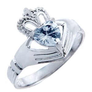 Fine 925 Sterling Silver Solitaire March Birthstone CZ Heart Irish Claddagh Ring (Size 7.75)