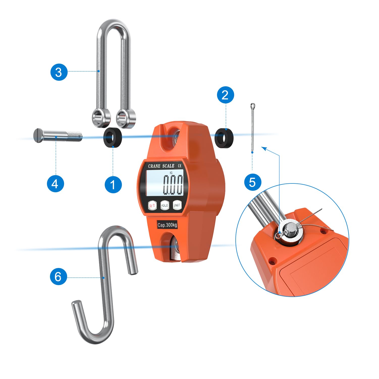 Outmate 660lb/300kg Digital Crane Scale - Compact LCD Handheld Hanging Scale for Garage, Farm, Hunting, Fishing & More(300kg/Plastic/Orange)