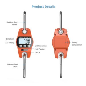 Outmate 660lb/300kg Digital Crane Scale - Compact LCD Handheld Hanging Scale for Garage, Farm, Hunting, Fishing & More(300kg/Plastic/Orange)