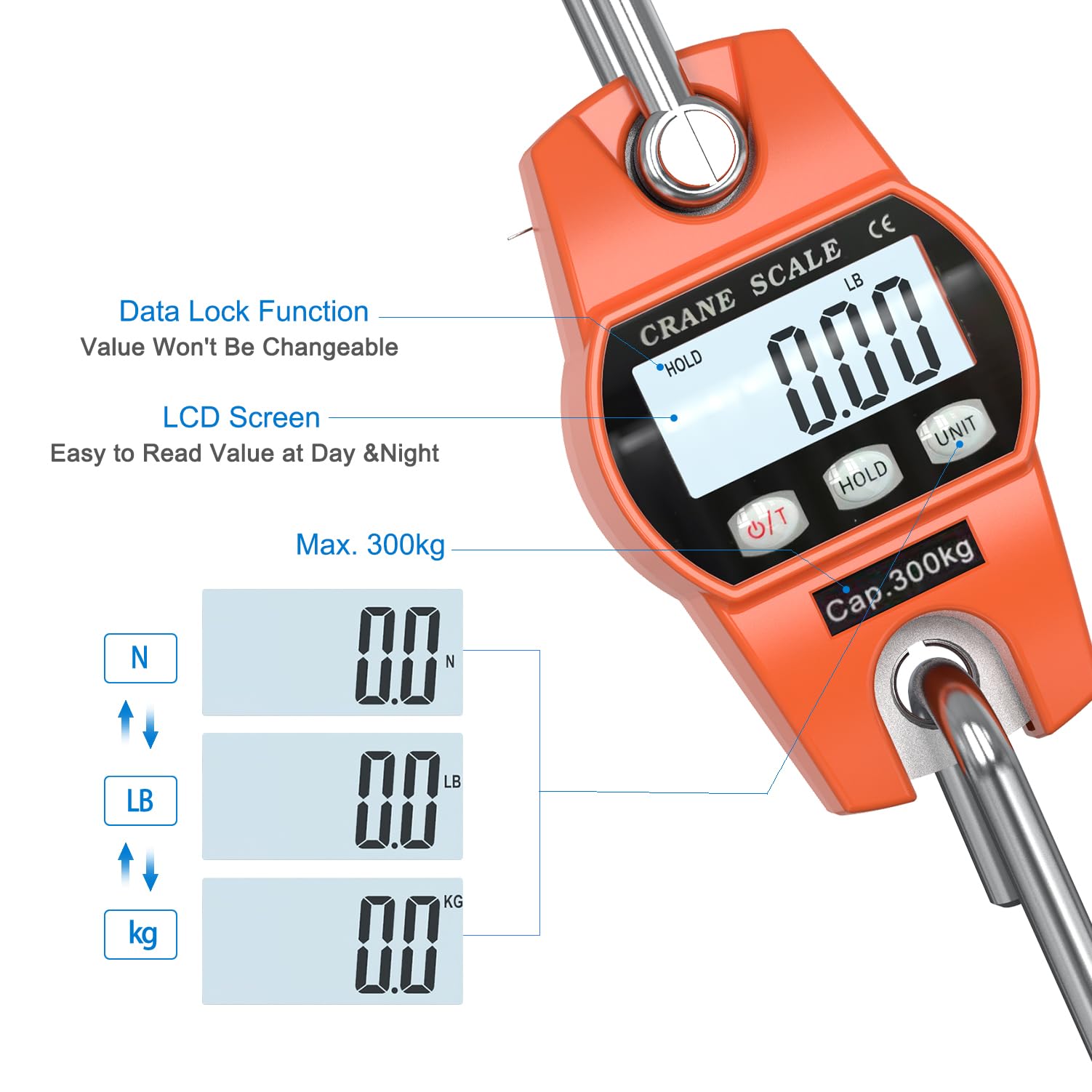 Outmate 660lb/300kg Digital Crane Scale - Compact LCD Handheld Hanging Scale for Garage, Farm, Hunting, Fishing & More(300kg/Plastic/Orange)