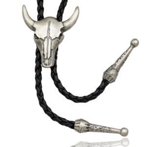 Vintage Silver Tone Q&Q Fashion Western Texas Longhorn Buffalo Steer Cow Skull Leather Rodeo Bolo Tie Necktie