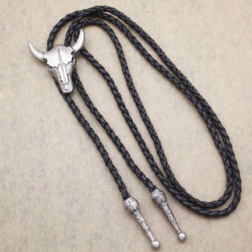 Vintage Silver Tone Q&Q Fashion Western Texas Longhorn Buffalo Steer Cow Skull Leather Rodeo Bolo Tie Necktie