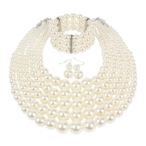 KOSMOS-LI Multi Layer Pearl Strand Necklace Bracelet And Earring Faux Ivory Pearl Jewelry Set