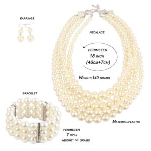 KOSMOS-LI Multi Layer Pearl Strand Necklace Bracelet And Earring Faux Ivory Pearl Jewelry Set