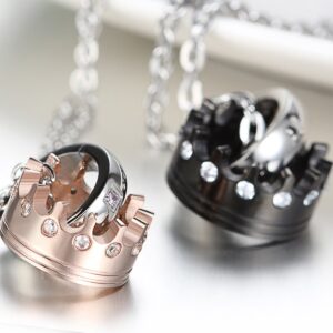 OIDEA 2pcs Stainless Steel Cubic Zirconia His Queen Her King Crown Pendant Necklace,Rosegold,Black for Christmas Valentines Gifts