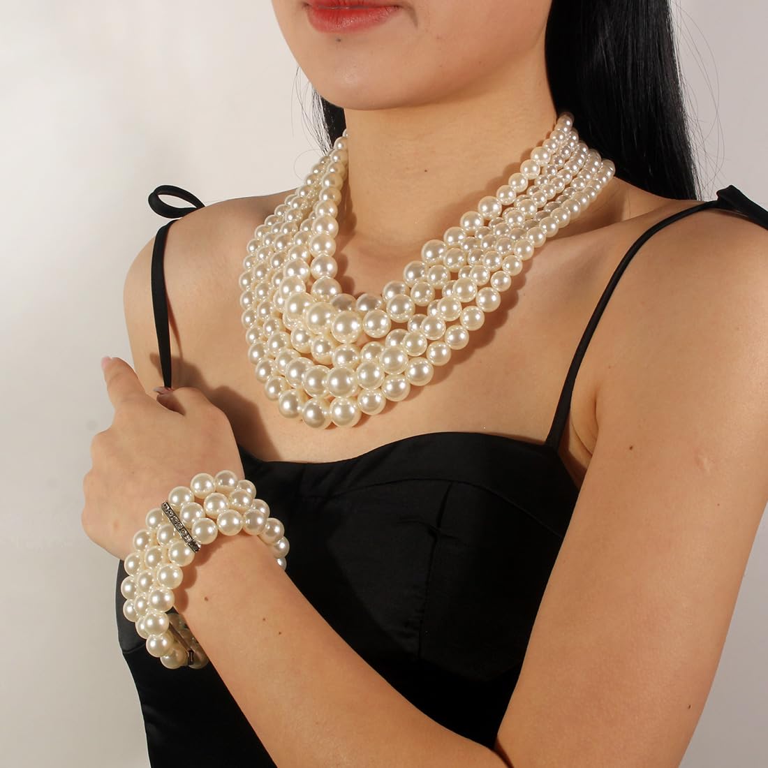 KOSMOS-LI Multi Layer Pearl Strand Necklace Bracelet And Earring Faux Ivory Pearl Jewelry Set