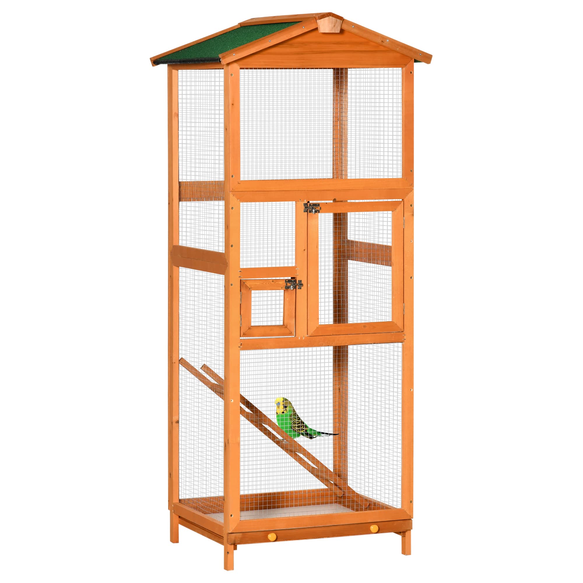 PawHut 65" Wooden Bird Cage Outdoor Aviary House for Parrot, Parakeet, with Pull Out Tray and 2 Doors, Natural