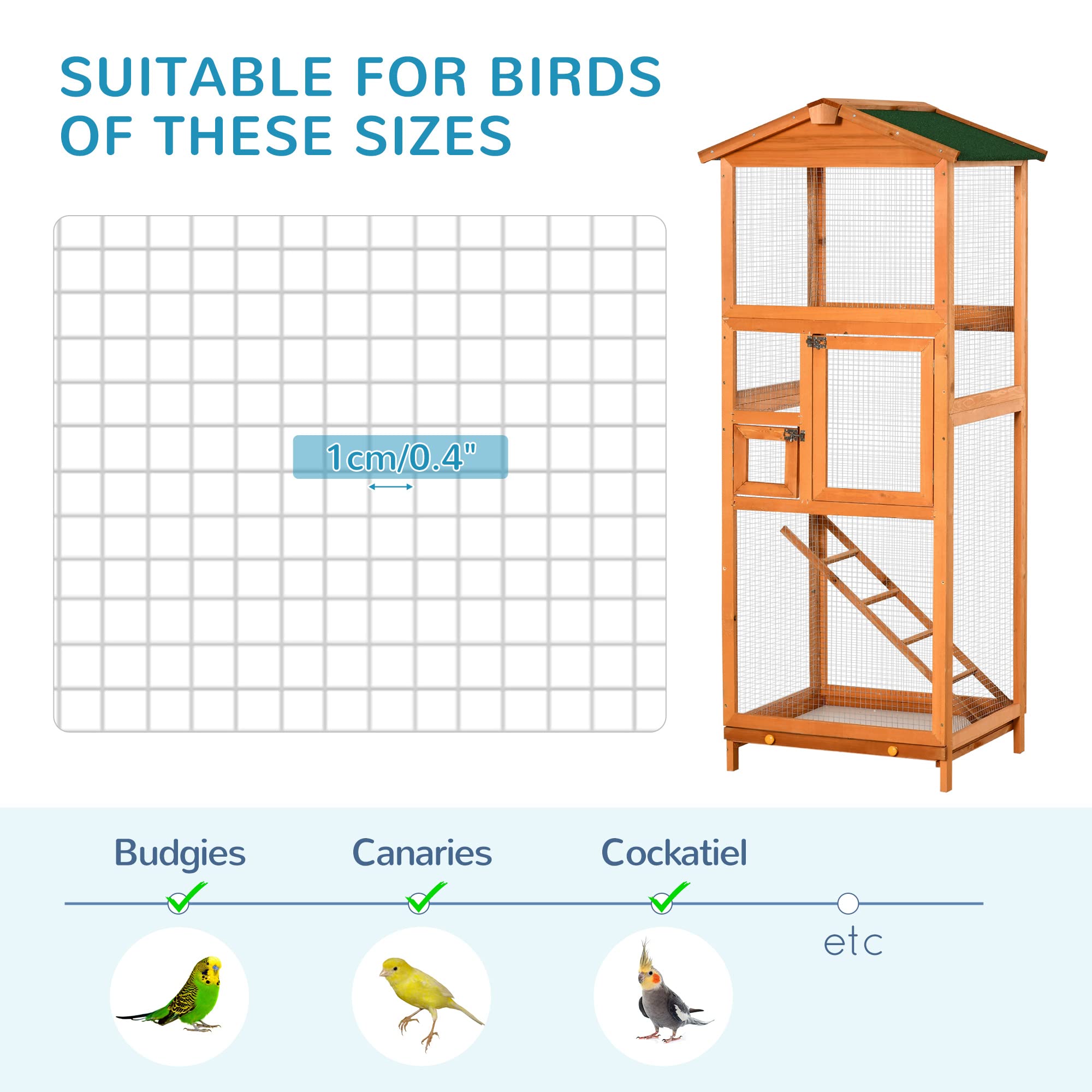 PawHut 65" Wooden Bird Cage Outdoor Aviary House for Parrot, Parakeet, with Pull Out Tray and 2 Doors, Natural