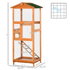 PawHut 65" Wooden Bird Cage Outdoor Aviary House for Parrot, Parakeet, with Pull Out Tray and 2 Doors, Natural