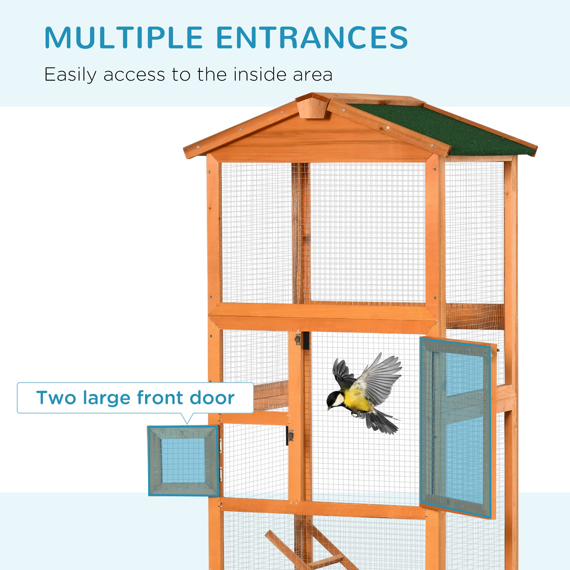 PawHut 65" Wooden Bird Cage Outdoor Aviary House for Parrot, Parakeet, with Pull Out Tray and 2 Doors, Natural