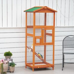 PawHut 65" Wooden Bird Cage Outdoor Aviary House for Parrot, Parakeet, with Pull Out Tray and 2 Doors, Natural