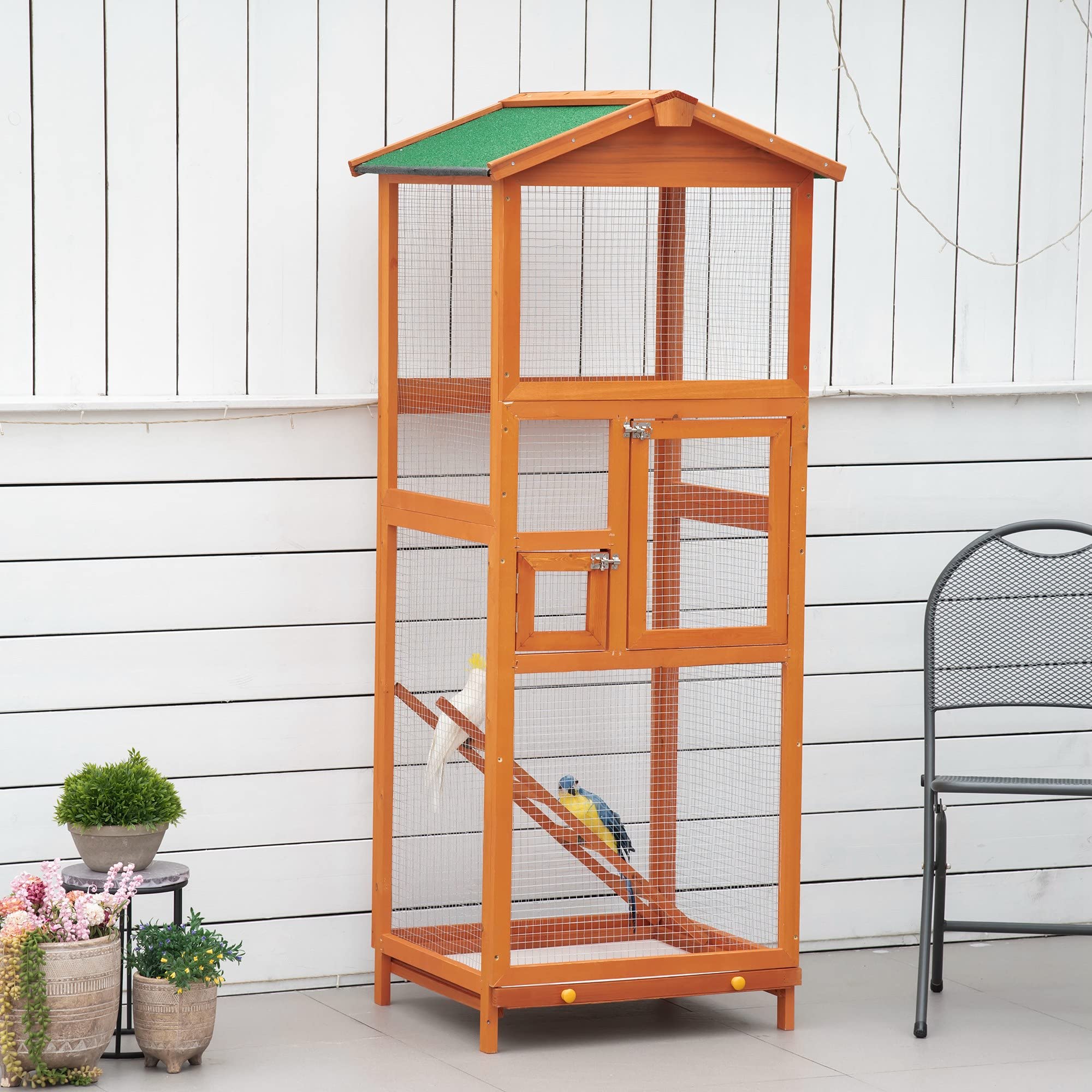 PawHut 65" Wooden Bird Cage Outdoor Aviary House for Parrot, Parakeet, with Pull Out Tray and 2 Doors, Natural