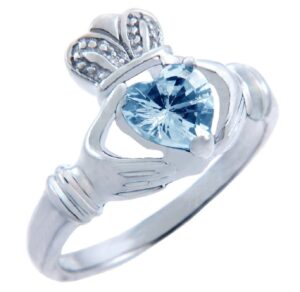 personalized sterling silver solitaire march birthstone cz heart irish claddagh ring (size 7)