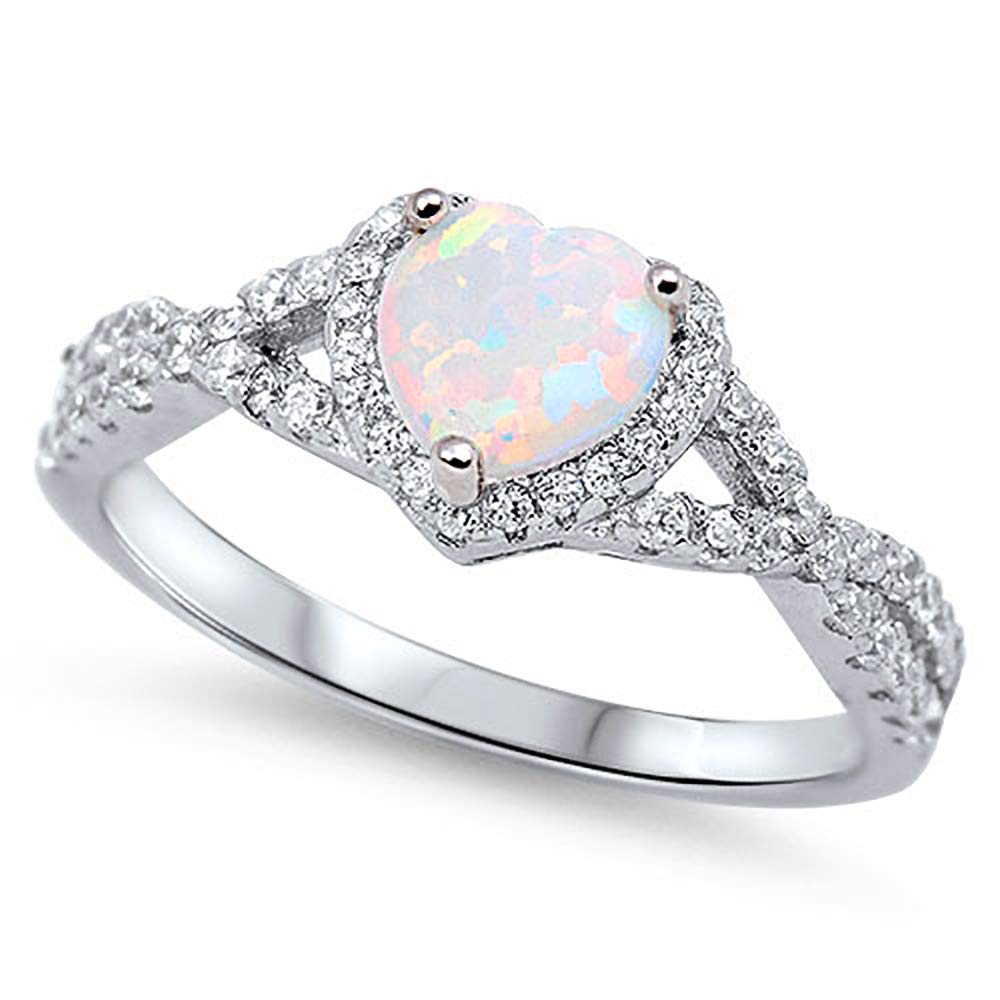 CloseoutWarehouse White Simulated Opal Cubic Zirconia Heart Swirl Design Ring Sterling Silver Size 11