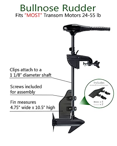 Bullnose Rudder clamp on boat rudder fits a 1.125" transom trolling motor shaft. Commonly used for, inflatable Pontoon, Pelican Bass Raider 10E, fishing Kayak, Canoe, Jon boat, etc. USA Manufactured