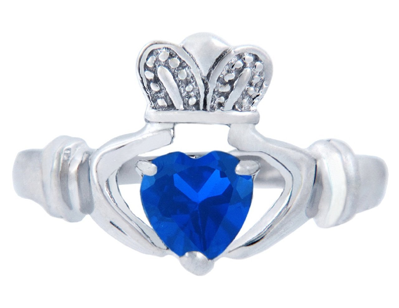 Personalized Sterling Silver Solitaire September Birthstone Heart CZ Irish Claddagh Ring (Size 7)