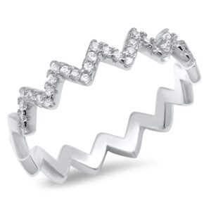 Eternity Wave Chevron Pointed Clear CZ Ring .925 Sterling Silver Band Size 9