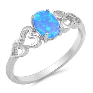 Blue Simulated Opal Oval Heart Cutout Promise Ring New .925 Sterling Silver Size 10